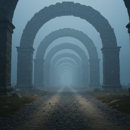Ruins of ancient aqueduct in foggy misty morningの素材
