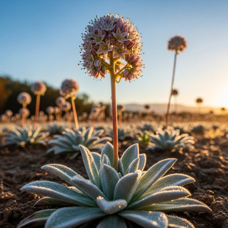 Flowering Agave succulent plant in the field at sunsetの素材