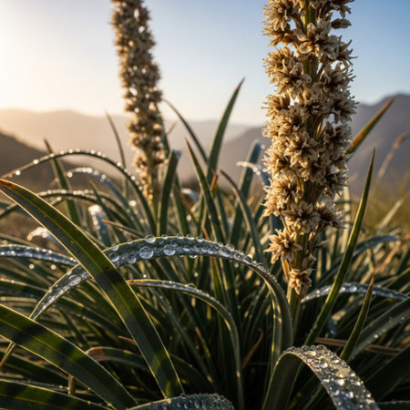 Close up of aloe vera plant with water drops at sunsetの素材