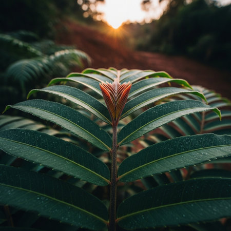 Close up of green leaf with sunlight in the morning, Thailand.の素材