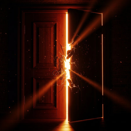 Door in the dark with light coming through. 3D renderingの素材