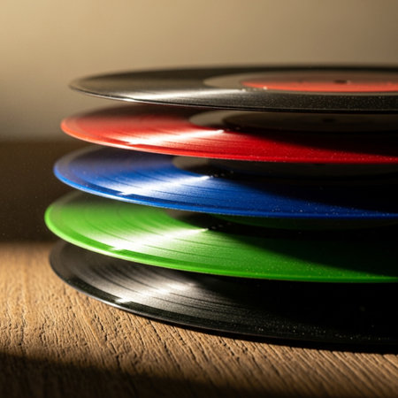 Vinyl records on a wooden table. Shallow depth of field.の素材