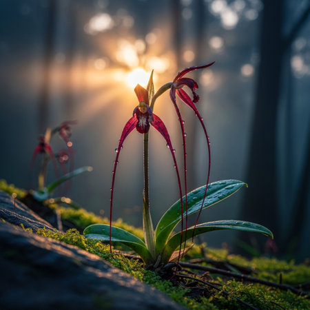 Wild orchid in the forest at sunrise. Beautiful nature scene.の素材