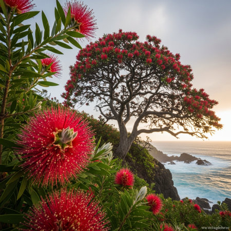 Pohutukawa tree with red flowers in the foreground, New Zealandの素材