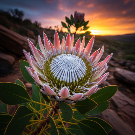 Beautiful protea flower in the mountains at sunset, South Australiaの素材