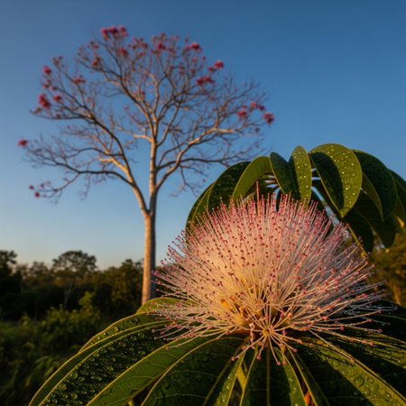 Flowering Albizia julibrissin tree at sunset.の素材
