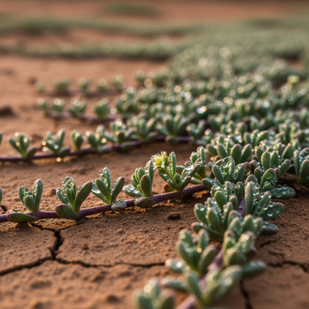 Close up of succulent plants growing on cracked soil. Small depth of field.の素材