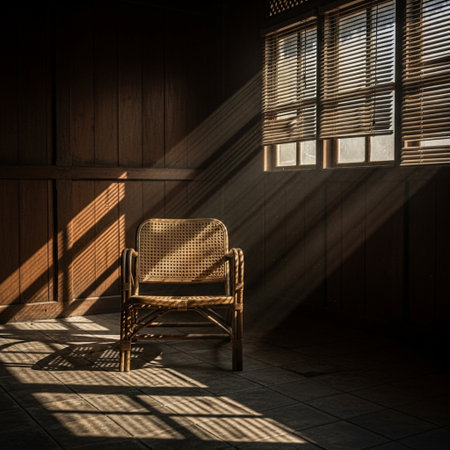 Wooden chair in a room with sunlight and shadow from the windowの素材