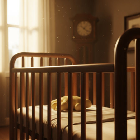 Children's room with crib and clock in the morning. Selective focus.の素材