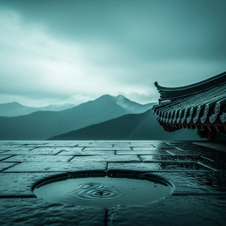 Puddle of water on the terrace of a Buddhist temple.の素材