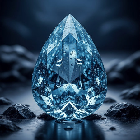 3D render of a blue diamond with water drops on it.の素材