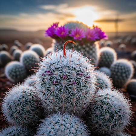 Beautiful cactuses in the desert at sunset, close upの素材