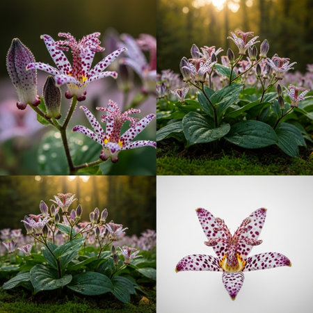 Set of beautiful blooming orchids in the forest at sunsetの素材