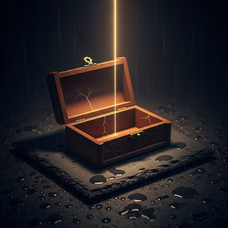 Wooden treasure chest on dark background with raindrops. 3D Renderingの素材