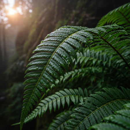 Beautiful green fern leaves in the rainforest. Nature backgroundの素材