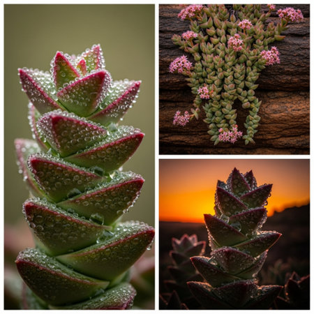 Collage of succulent plants in different stages of growth in the desertの素材