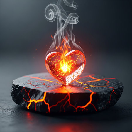 Red heart on black stone with fire and smoke. Valentine's day conceptの素材