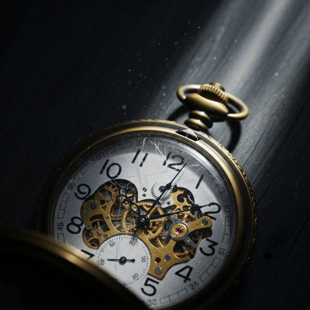 Vintage pocket watch on dark wooden background. Time is passing conceptの素材