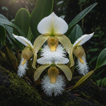 Beautiful Paphiopedilum orchid flower with water drops.の素材