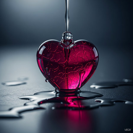 Red glass heart on a dark background. Valentine's day concept.の素材