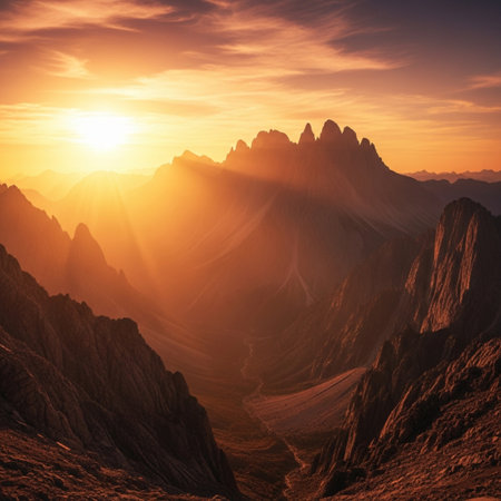 Fantastic sunset over the mountain range. 3d render illustrationの素材