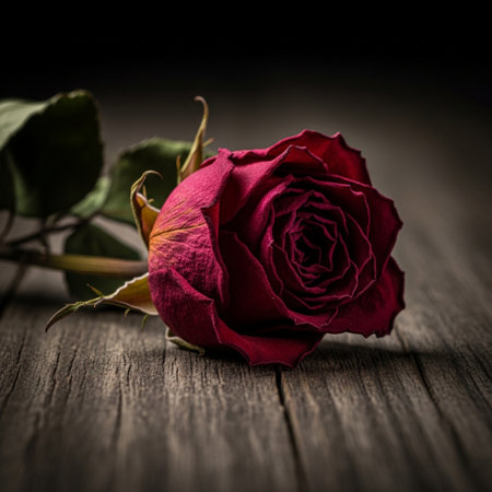 Red rose on a wooden background with space for text. Toned.の素材