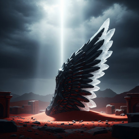 Black and white angel wings in the dark sky. 3D renderingの素材