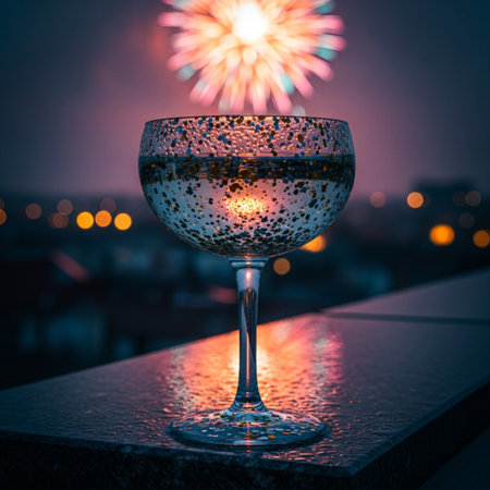 Glass of wine and fireworks on the background of the night city.の素材