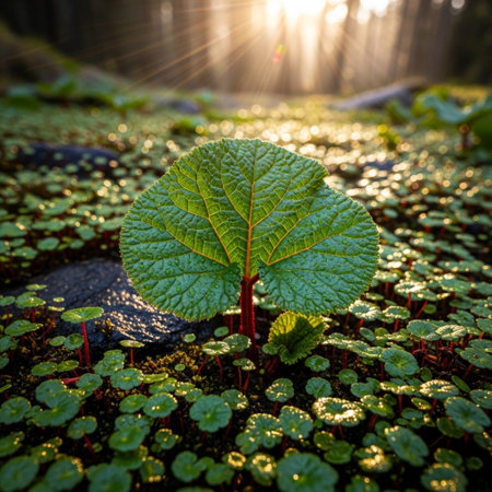 Green leaves of a rhubarb plant growing on the ground.の素材