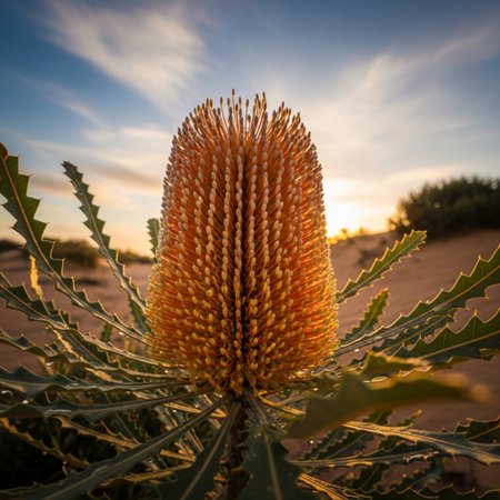 Flower of a protea plant in the desert at sunset.の素材