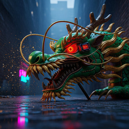 Chinese dragon in the night city. 3D illustration. Fantasy.の素材
