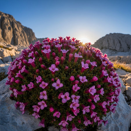 Pink flowers on the top of the mountain in the rays of the setting sunの素材