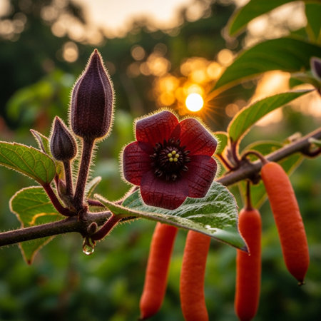 Close up of red flower in the garden with sunset background, Thailand.の素材