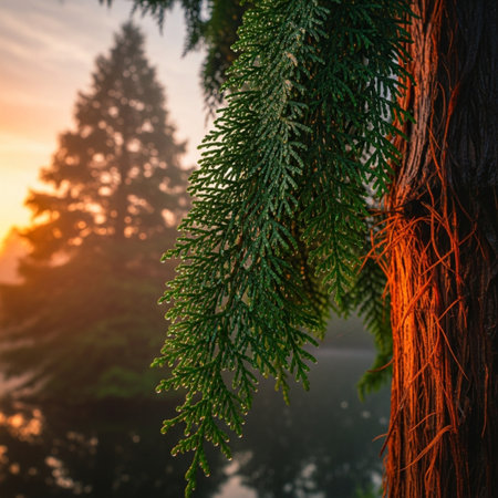 Fir tree branches on the background of the lake at sunrise.の素材