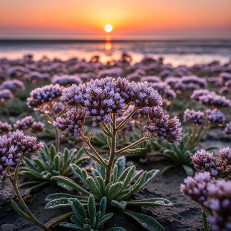 Beautiful purple flowers on the seashore in the rays of the setting sunの素材