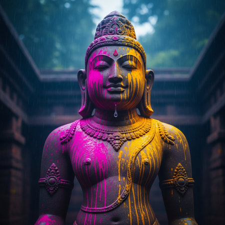 Buddha statue in the rain with blurred background, Thailand.の素材