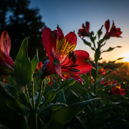 Beautiful red lily flowers in the garden at sunset. Nature background.の素材