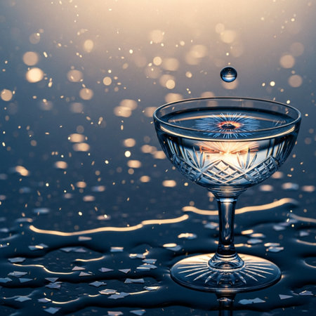 Falling drops of water in a martini glass on a dark backgroundの素材