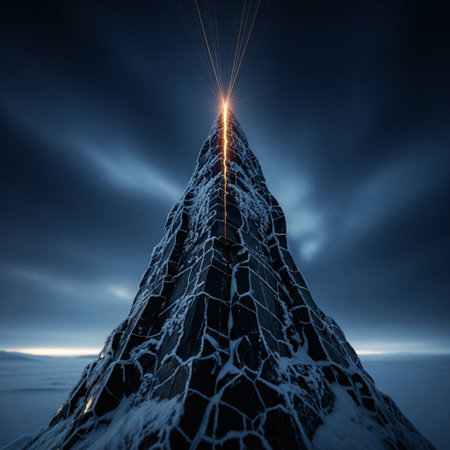Futuristic computer-generated image of a frozen mountain peak in the winter.の素材