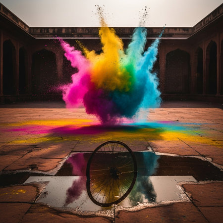 Colorful powder explosion and bicycle in the middle of a puddleの素材