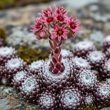 Succulent plant with pink flowers in the rock garden. Close up.の素材