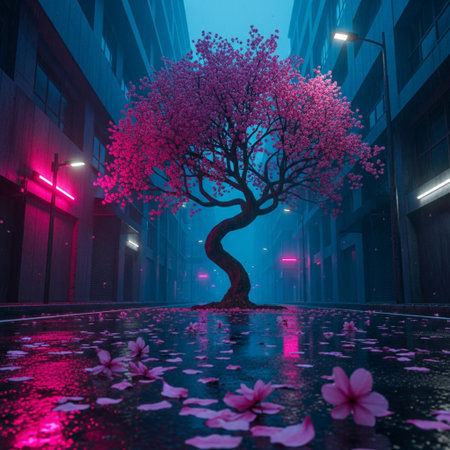 Cherry blossom tree in the city at night. 3d renderingの素材