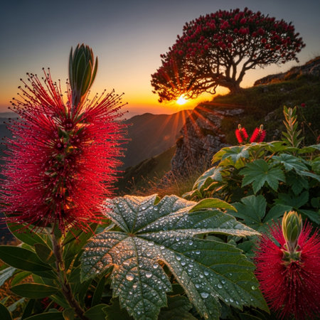 Sunset on the island of Madeira, Portugal. Red Callistemonの素材
