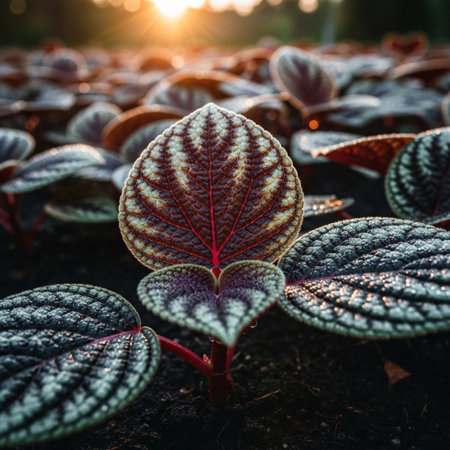 Beautiful leaves of red and green plants in the garden at sunset.の素材