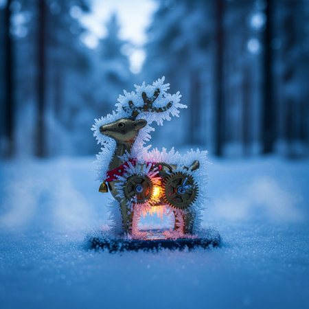 Christmas greeting card. Festive decoration on the background of the winter forest.の素材