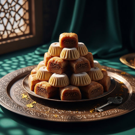 Traditional arabic sweets on a turquoise background. Selective focus.の素材