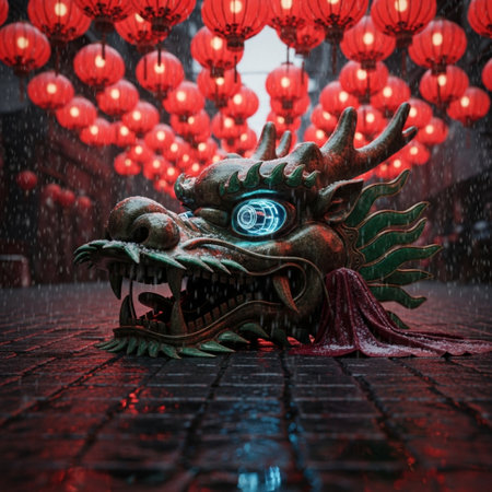 Chinese dragon statue with Chinese lanterns and red lanterns in the nightの素材