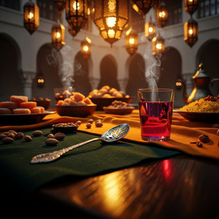 Turkish tea with sweets on the table. Ramadan Kareem background.の素材