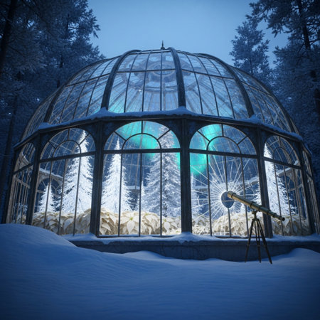 Fantastic winter landscape with a large glass dome and a telescopeの素材