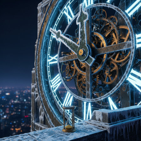 Time concept. Clock and hourglass on the background of the night cityの素材